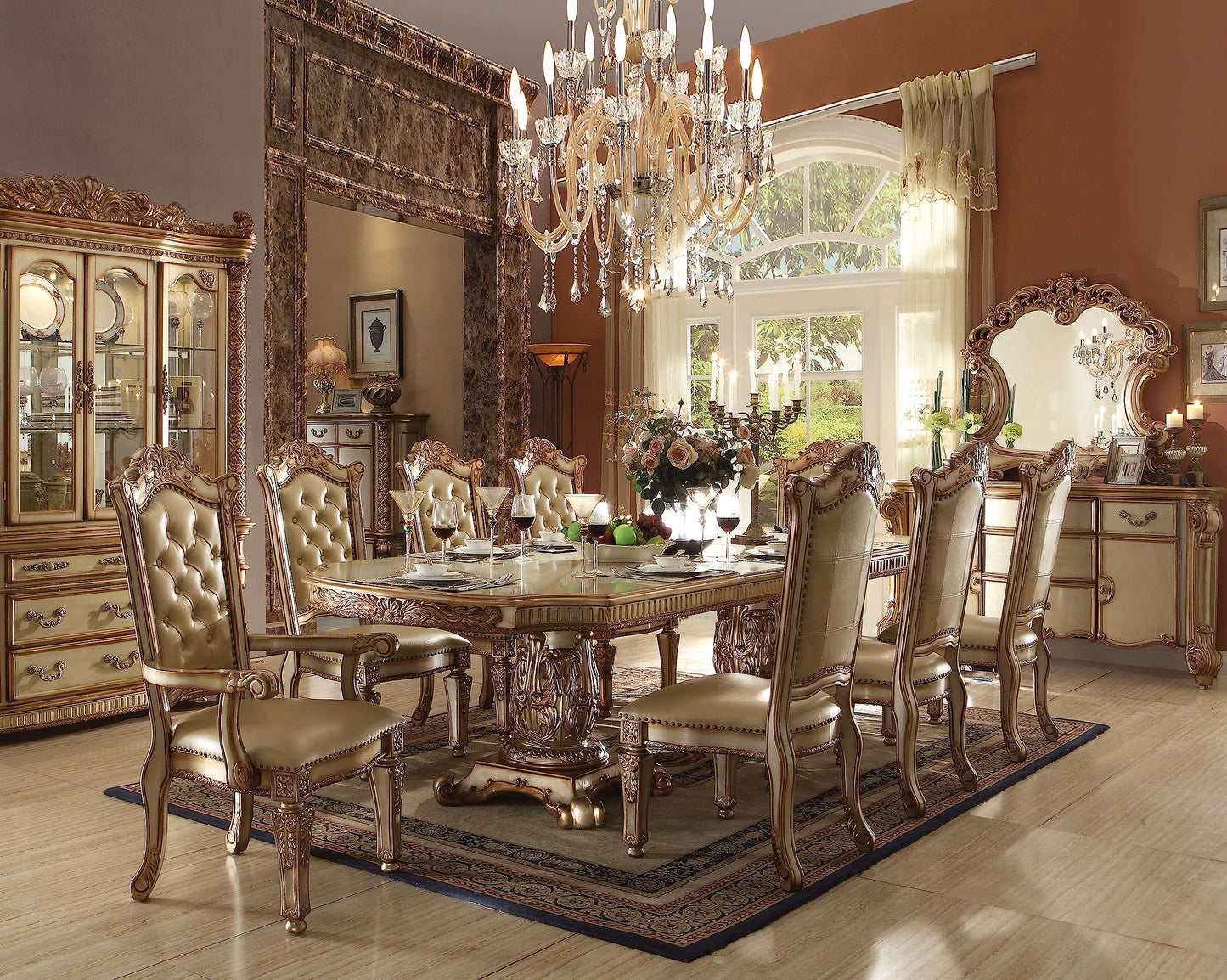 Kitchen Furniture Set 9pc Formal Dining Table Set Include 1 Dining Table, 6 Side Chairs and 2 Arm Chairs, 8-Person Solid Wood Extendable Dining Set (Gold Patina)