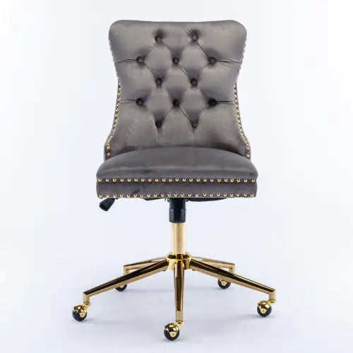 A&A Furniture Velvet Tufted Office Chair with Gold Metal Base, Adjustable Swivel Desk Chair (Grey)