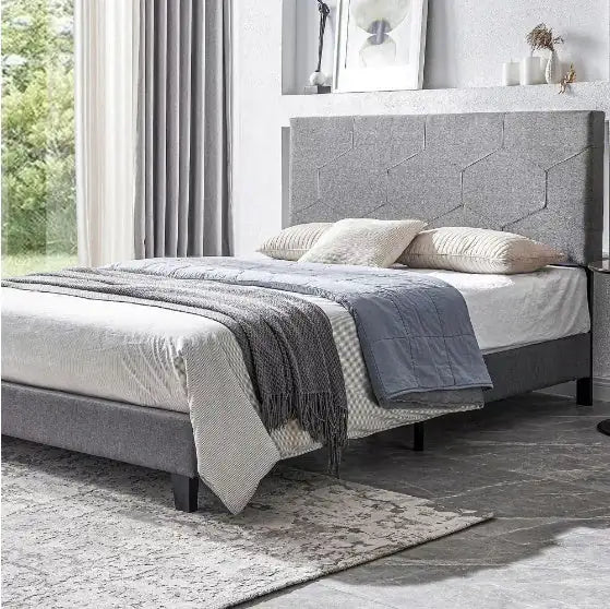 Large Queen-Size Upholstered Platform Bed Frame in Grey, Easy Assembly with Wooden Slats, No Spring Mattress Needed