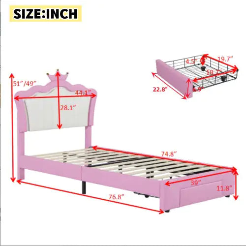 Twin Size Upholstered Bed Frame with LED Lights & Crown Headboard, Pink/White with Drawer – Modern Princess Bed for Kids