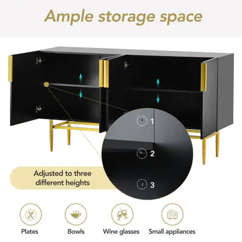 SHS- Modern Black 4-Door Sideboard Buffet Cabinet with Gold Handles – TREXM Storage Console for Dining, Living Room, Hallway, Bedroom