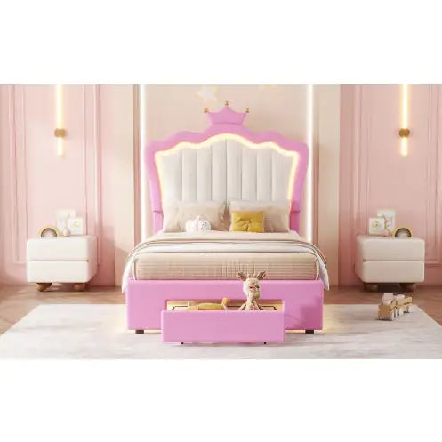 Twin Size Upholstered Bed Frame with LED Lights & Crown Headboard, Pink/White with Drawer – Modern Princess Bed for Kids