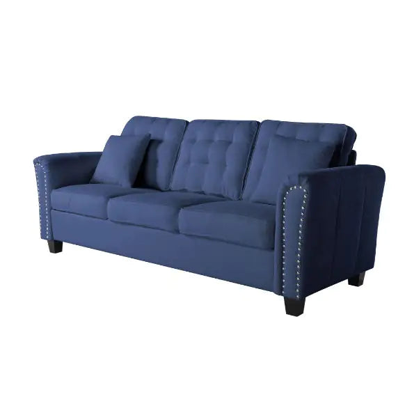 85.4" Flare Arm Sofa - Navy Blue Polyester Upholstered Sofa with Tufted Back & Piping Edge