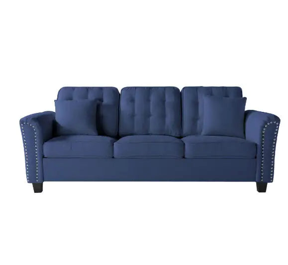 85.4" Flare Arm Sofa - Navy Blue Polyester Upholstered Sofa with Tufted Back & Piping Edge