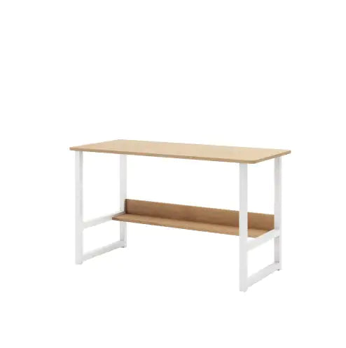 Wooden Computer Desk with Storage Rack, Home Office Desk, Laptop Desk with Bookshelf, Modern Metal Frame, Light Oak Finish