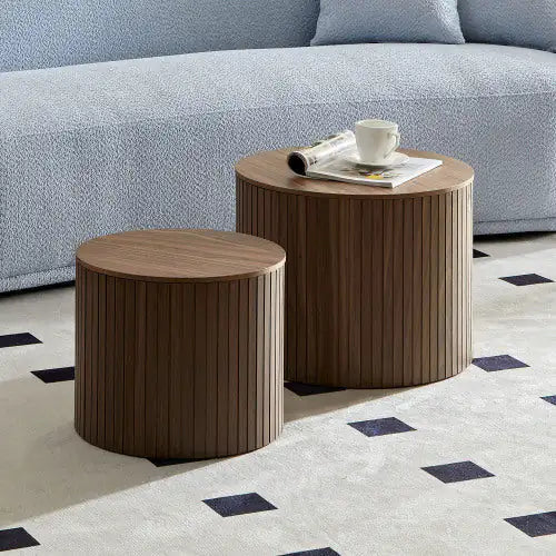 SHS-2-Piece Round Nesting Coffee Table Set – Modern MDF Walnut Finish Tables for Living Room or Lounge