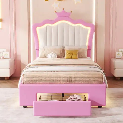 Twin Size Upholstered Bed Frame with LED Lights & Crown Headboard, Pink/White with Drawer – Modern Princess Bed for Kids