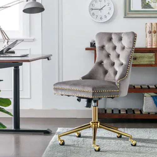 A&A Furniture Velvet Tufted Office Chair with Gold Metal Base, Adjustable Swivel Desk Chair (Grey)