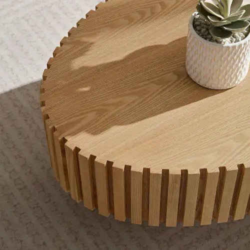 Modern Handmade Oval Drum Coffee Table – 43.7" Natural Ash MDF Ellipse Coffee Table with Sturdy Pedestal Base for Living Room or Small Spaces