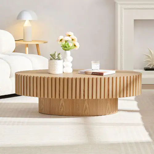 Modern Handmade Oval Drum Coffee Table – 43.7" Natural Ash MDF Ellipse Coffee Table with Sturdy Pedestal Base for Living Room or Small Spaces