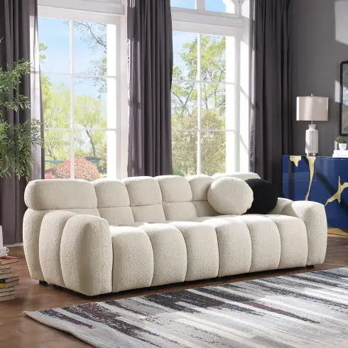 87.4" Black Boucle Marshmallow Sofa, 3-Seater with Rolled Arms & Medium-Soft Cushions, Split Back Design