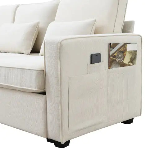 104" Modern 4-Seater Linen Fabric Sofa with Storage Pockets & Pillows – Minimalist Couch for Living Room, Apartment, Office – Beige