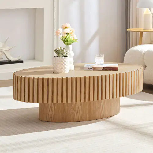 Modern Handmade Oval Drum Coffee Table – 43.7" Natural Ash MDF Ellipse Coffee Table with Sturdy Pedestal Base for Living Room or Small Spaces