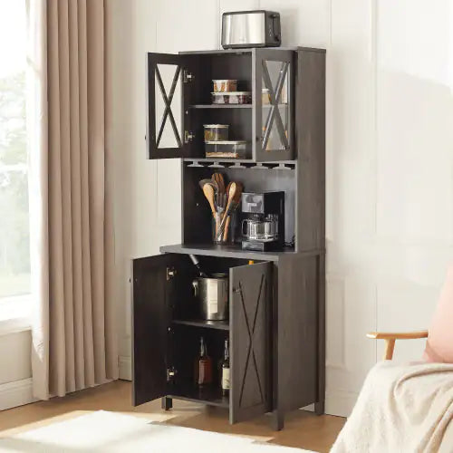 Farmhouse Wine Cabinet with Glass Rack, Charcoal Grey Dining & Kitchen Sideboard Buffet Bar Cabinet