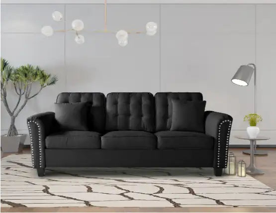 85.4" Flare Arm Sofa, Black Polyester Upholstered, Tufted Back Cushions, Removable Cushions with Silver Studs and 2 Pillows