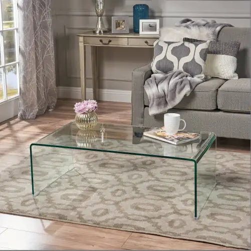 SHS- Modern Clear Glass Coffee Table – 12mm Tempered Bent Glass, Minimalist Design for Living Room