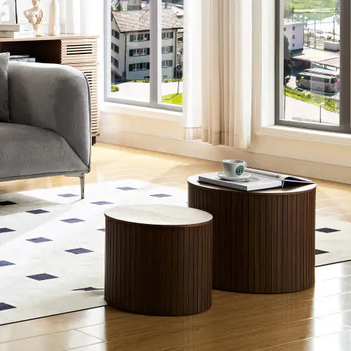 SHS-2-Piece Round Nesting Coffee Table Set – Modern MDF Walnut Finish Tables for Living Room or Lounge