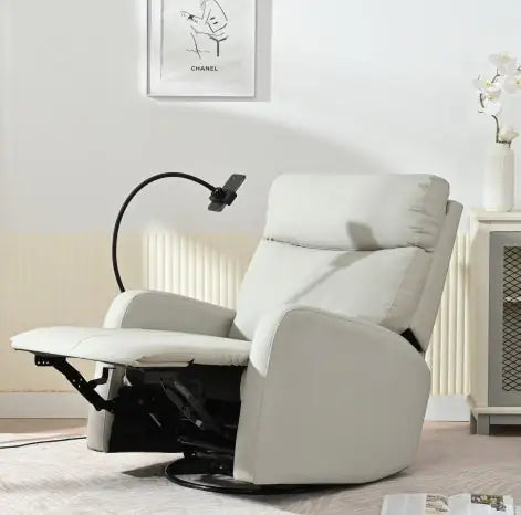 Modern Swivel Rocking Recliner Chair – 360° Glider with Footrest, PU Upholstery, Light Grey