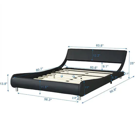 Faux Leather Upholstered Platform Bed Frame with LED Lighting, Curved Design, Wooden Slats Support, Remote & App Control, No Box Spring Needed