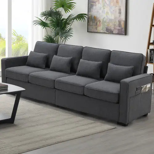 104" Modern 4-Seater Linen Fabric Sofa with Storage Pockets & Pillows – Minimalist Couch for Living Room, Apartment, Office – Beige