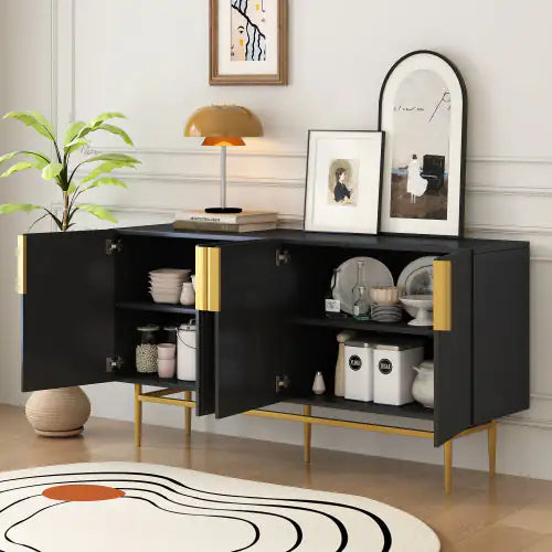 SHS- Modern Black 4-Door Sideboard Buffet Cabinet with Gold Handles – TREXM Storage Console for Dining, Living Room, Hallway, Bedroom