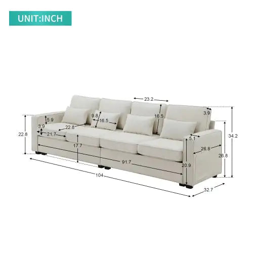 104" Modern 4-Seater Linen Fabric Sofa with Storage Pockets & Pillows – Minimalist Couch for Living Room, Apartment, Office – Beige