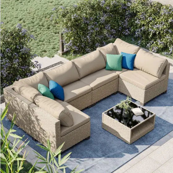 7-Piece Patio Furniture Set, Modular Outdoor Sofa with Waterproof Cushions & Storage Table (Beige)