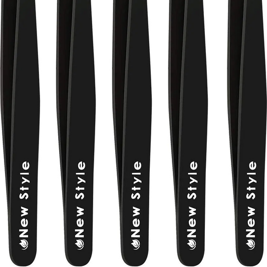 Slant Tweezers 5-Pack – Professional Stainless Steel Eyebrow & Facial Hair Tweezer Set with Precision Tips