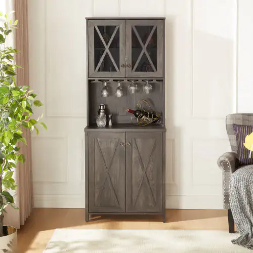 Farmhouse Wine Cabinet with Glass Rack, Charcoal Grey Dining & Kitchen Sideboard Buffet Bar Cabinet