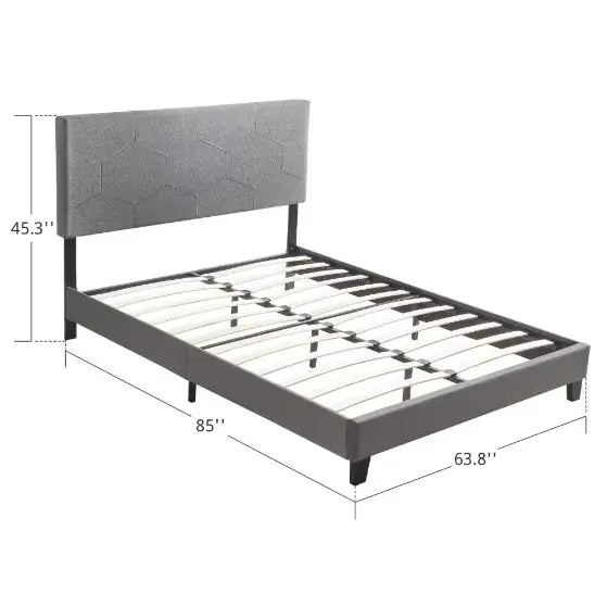 Large Queen-Size Upholstered Platform Bed Frame in Grey, Easy Assembly with Wooden Slats, No Spring Mattress Needed