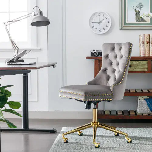 A&A Furniture Velvet Tufted Office Chair with Gold Metal Base, Adjustable Swivel Desk Chair (Grey)