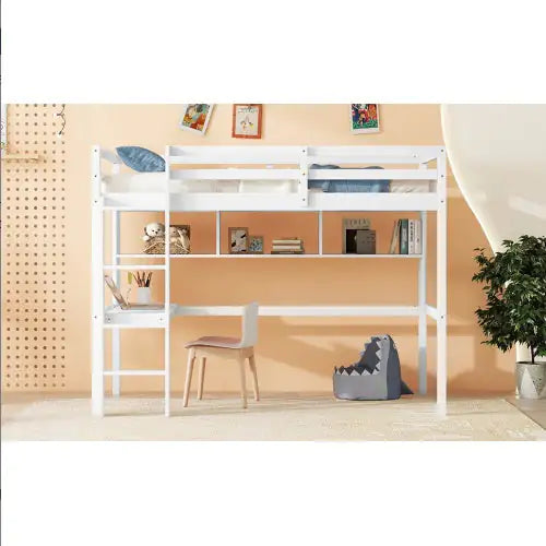 Twin Size Loft Bed with Desk, Shelves, Safety Guardrail, and Ladder, White Finish