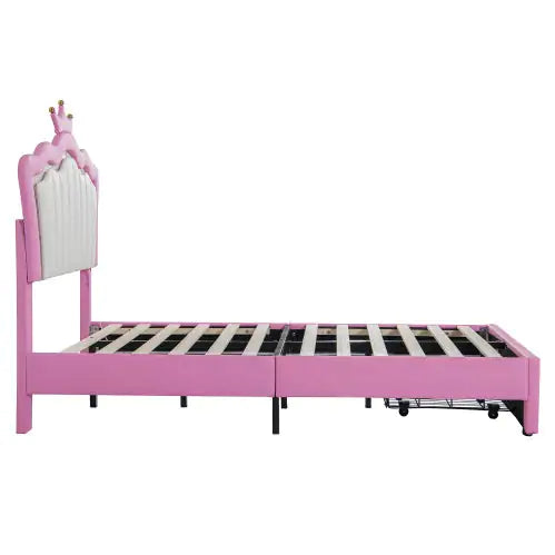 Twin Size Upholstered Bed Frame with LED Lights & Crown Headboard, Pink/White with Drawer – Modern Princess Bed for Kids