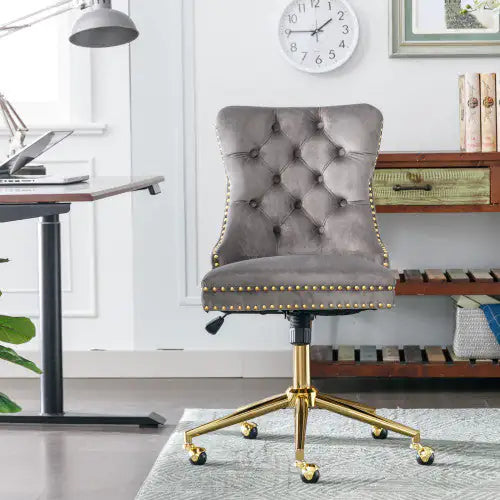 A&A Furniture Velvet Tufted Office Chair with Gold Metal Base, Adjustable Swivel Desk Chair (Grey)