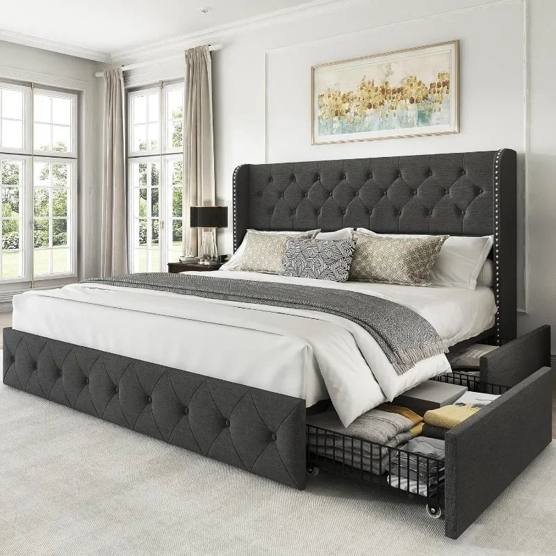 Bed Frame with 4 Storage Drawers, Tufted Velvet Headboard, Upholstered Platform Bed Frame with Storage