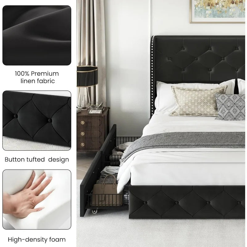 Bed Frame with 4 Storage Drawers, Tufted Velvet Headboard, Upholstered Platform Bed Frame with Storage