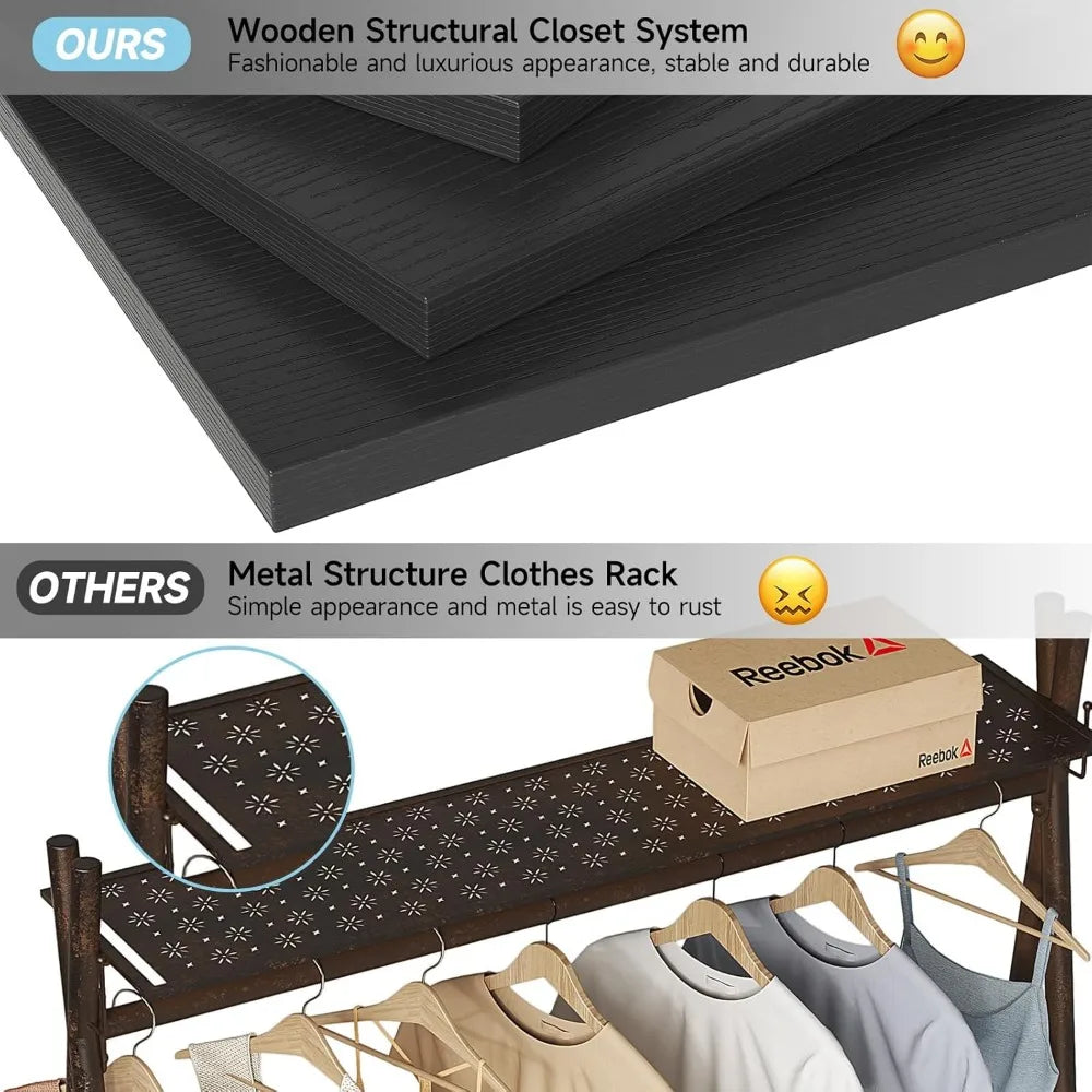 Modern Wooden Closet System with 3 Adjustable Shelves & 3 Hang Rods – Coat Rack with 3 Drawers, Max Load 1000 lbs