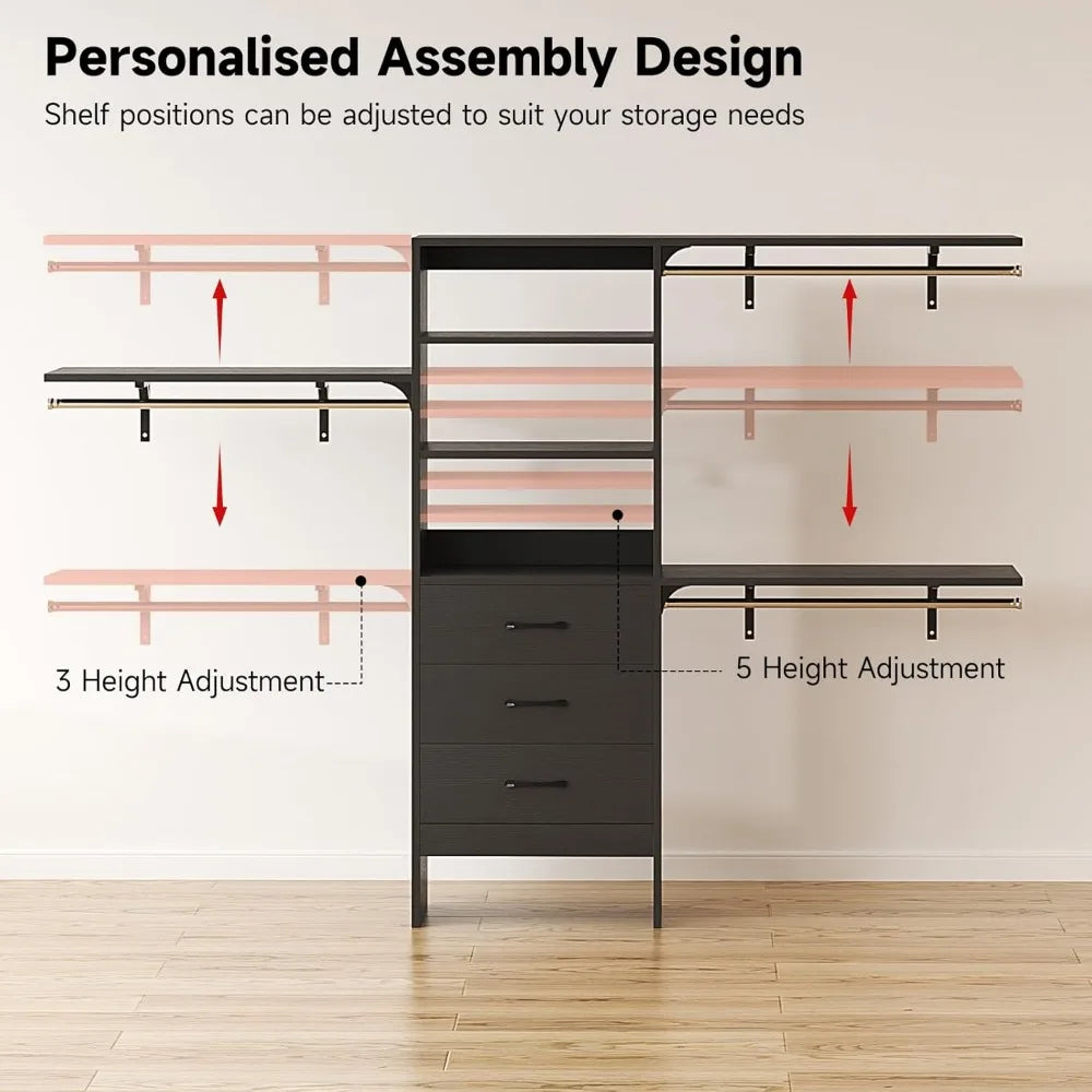 Modern Wooden Closet System with 3 Adjustable Shelves & 3 Hang Rods – Coat Rack with 3 Drawers, Max Load 1000 lbs