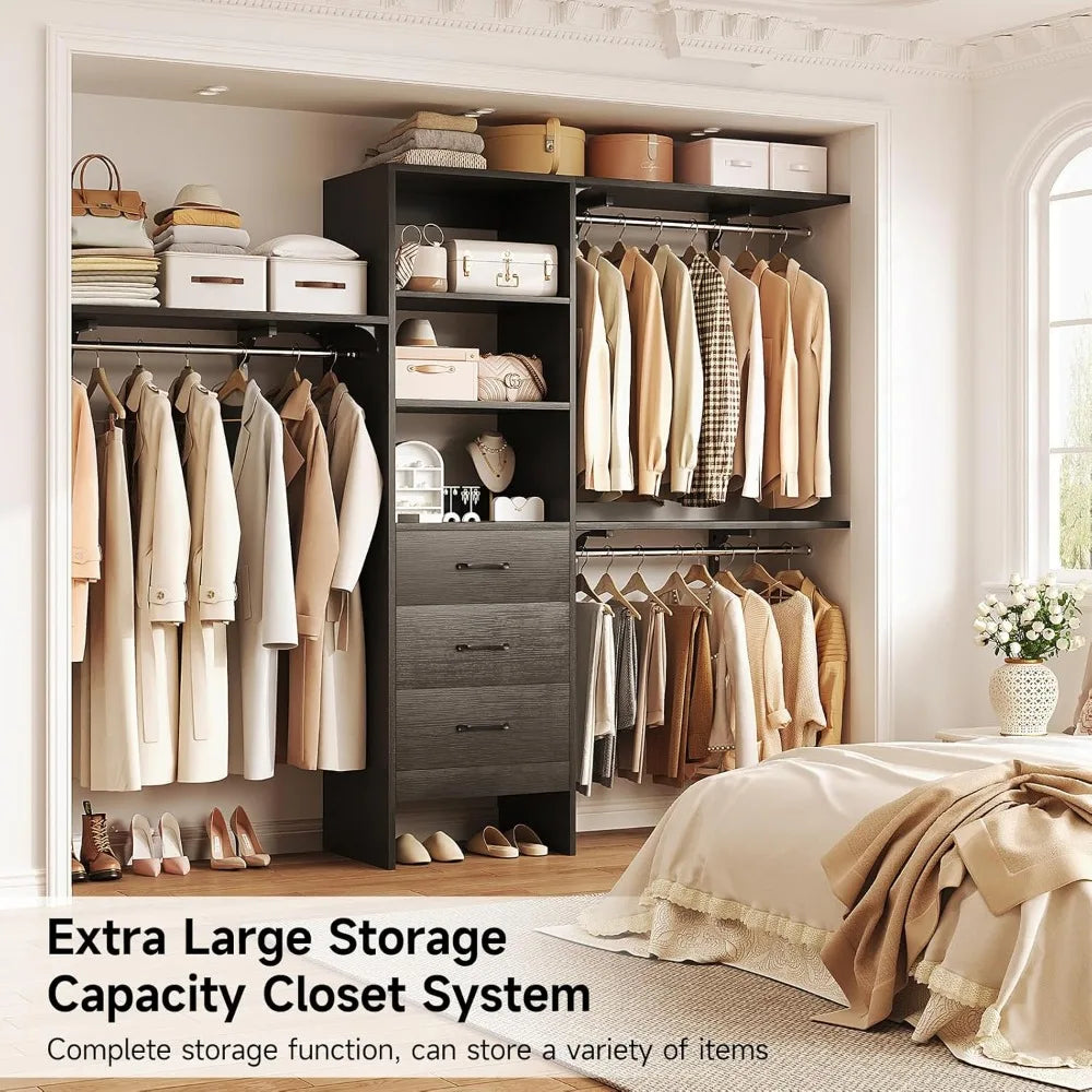 Modern Wooden Closet System with 3 Adjustable Shelves & 3 Hang Rods – Coat Rack with 3 Drawers, Max Load 1000 lbs