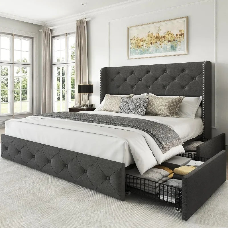 Bed Frame with 4 Storage Drawers, Tufted Velvet Headboard, Upholstered Platform Bed Frame with Storage