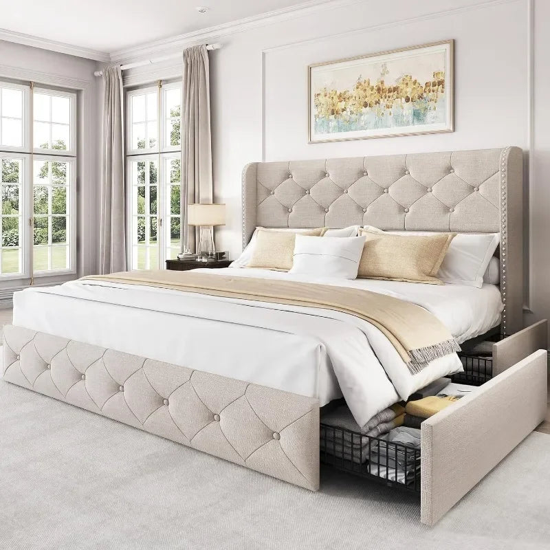 Bed Frame with 4 Storage Drawers, Tufted Velvet Headboard, Upholstered Platform Bed Frame with Storage