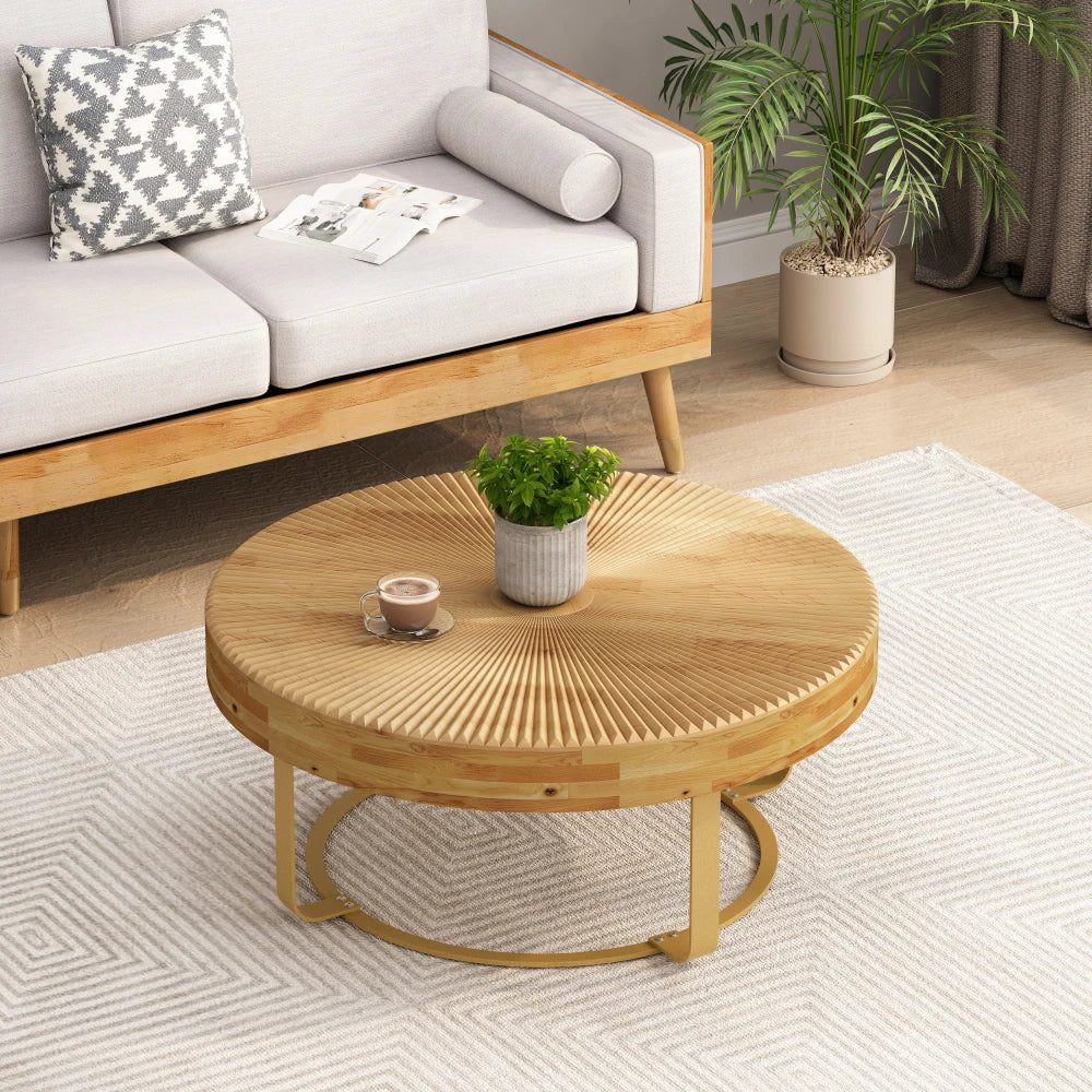 "Modern Round Pine Coffee Table with Metal Frame – Durable & Stylish" SHS6001