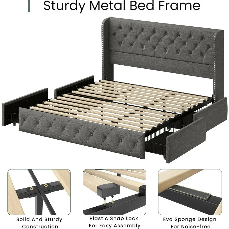 Bed Frame with 4 Storage Drawers, Tufted Velvet Headboard, Upholstered Platform Bed Frame with Storage