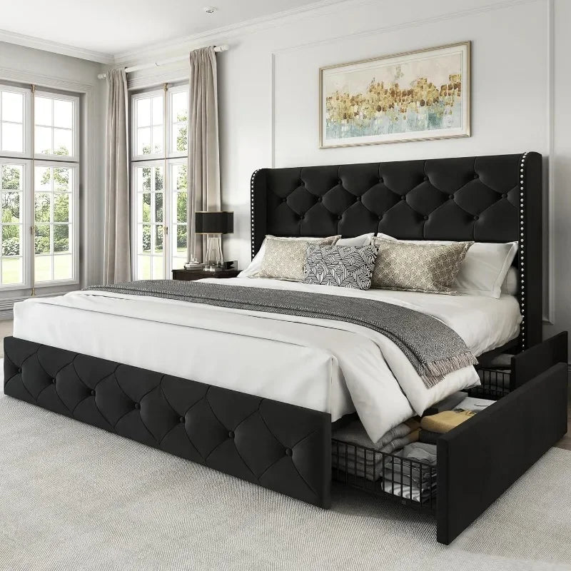 Bed Frame with 4 Storage Drawers, Tufted Velvet Headboard, Upholstered Platform Bed Frame with Storage