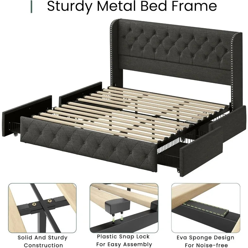 Bed Frame with 4 Storage Drawers, Tufted Velvet Headboard, Upholstered Platform Bed Frame with Storage