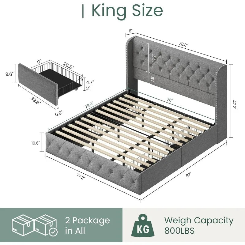 Bed Frame with 4 Storage Drawers, Tufted Velvet Headboard, Upholstered Platform Bed Frame with Storage