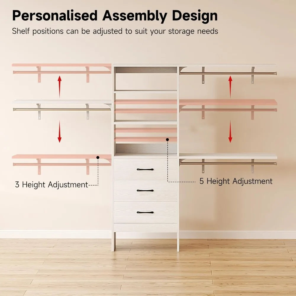 Modern Wooden Closet System with 3 Adjustable Shelves & 3 Hang Rods – Coat Rack with 3 Drawers, Max Load 1000 lbs