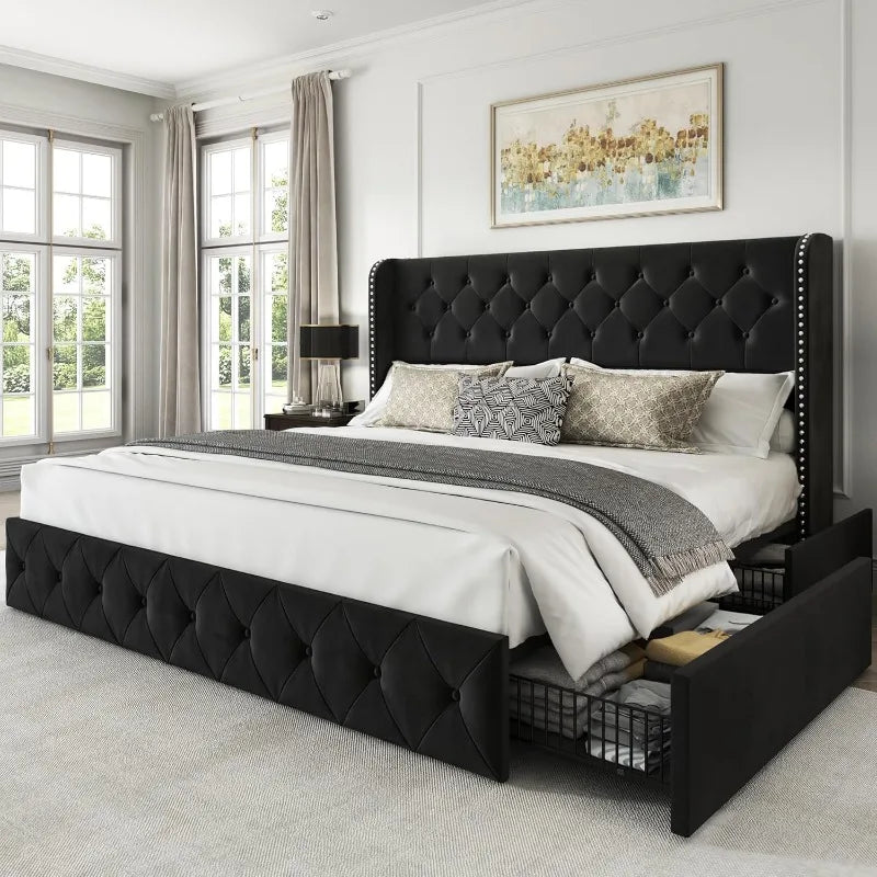 Bed Frame with 4 Storage Drawers, Tufted Velvet Headboard, Upholstered Platform Bed Frame with Storage