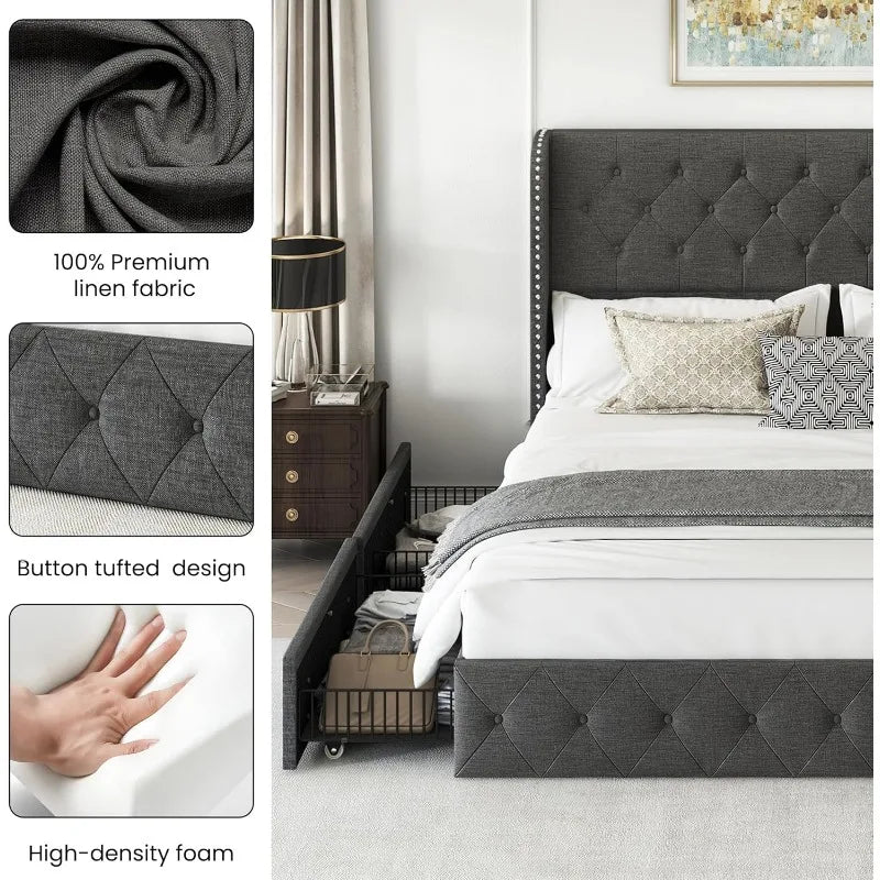 Bed Frame with 4 Storage Drawers, Tufted Velvet Headboard, Upholstered Platform Bed Frame with Storage