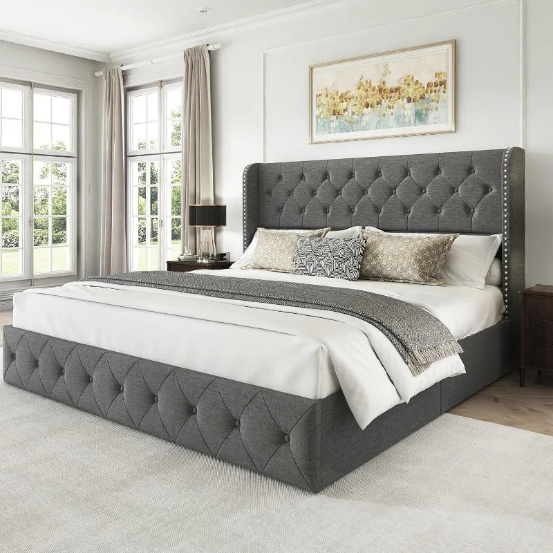 Bed Frame with 4 Storage Drawers, Tufted Velvet Headboard, Upholstered Platform Bed Frame with Storage